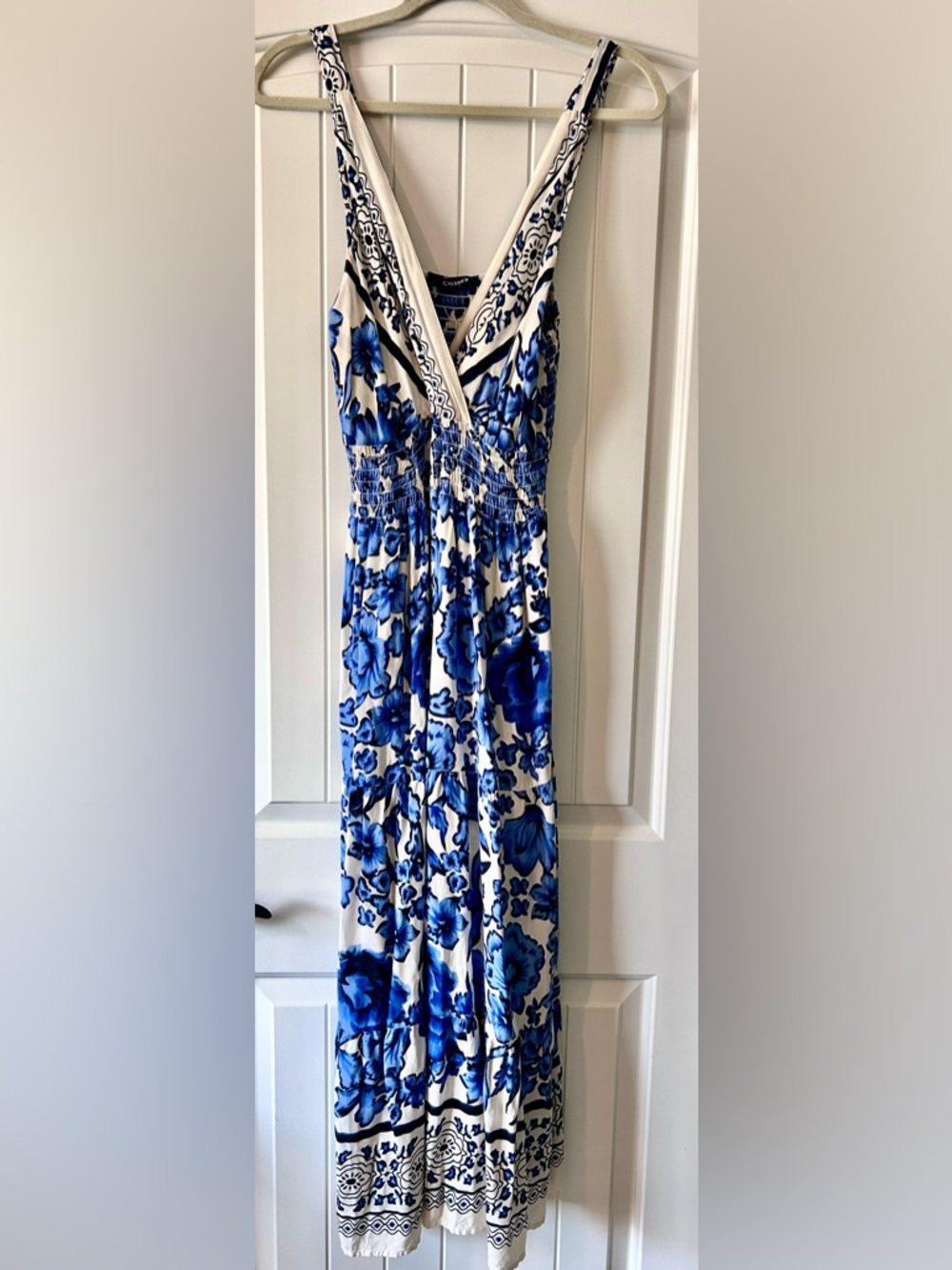 White and Blue Floral Maxi Dress with V-Neck